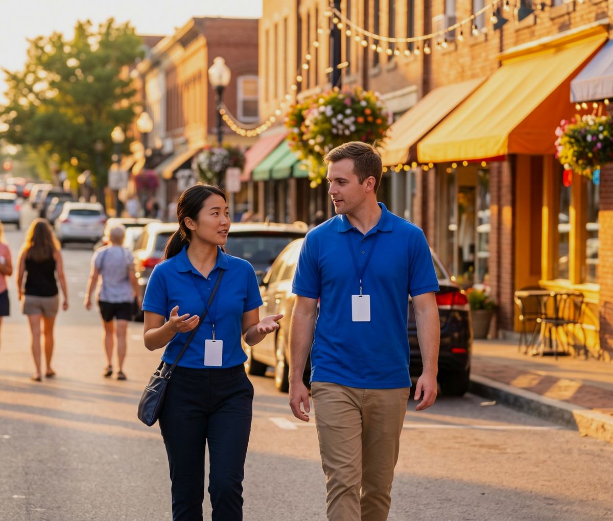 Two Impact representatives walking and talking together.