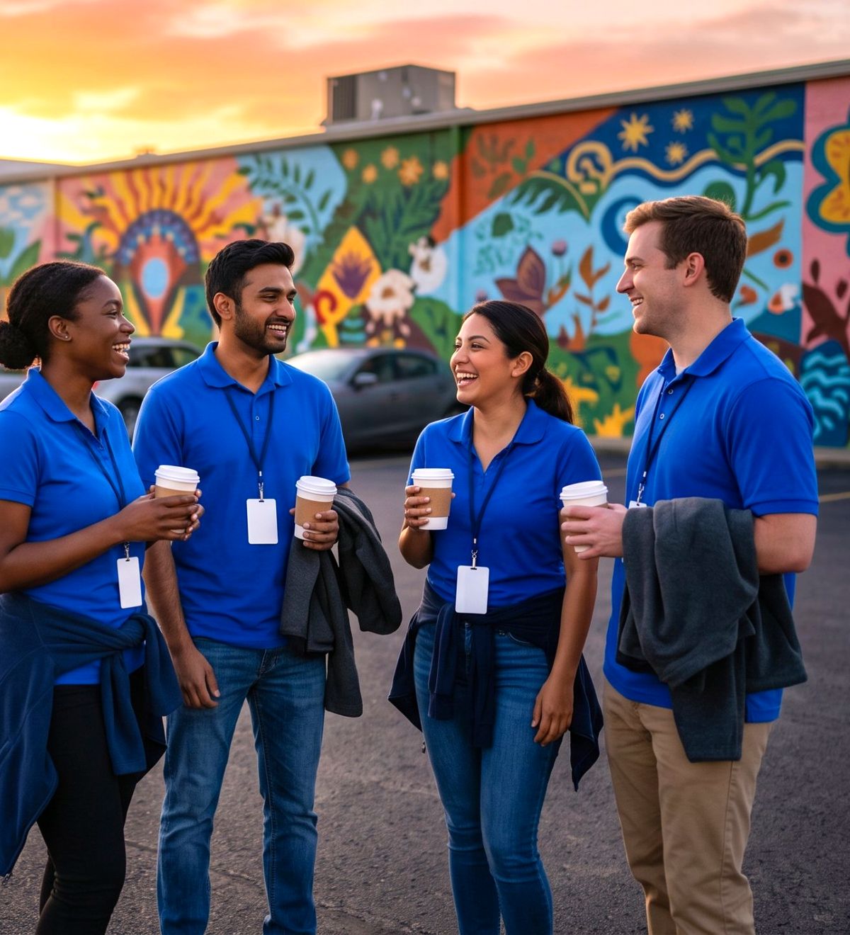 Four young Impact reps with photo IDs on blue lanyards reviewing a tablet together on a city sidewalk, coffee in hand.