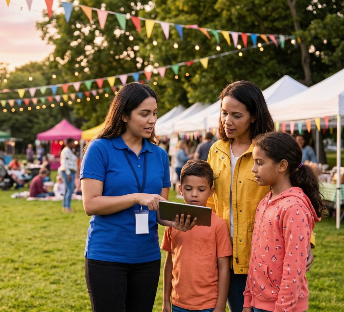 A smiling Impact fundraiser at a community event table talking with a couple who are reviewing a tablet together.