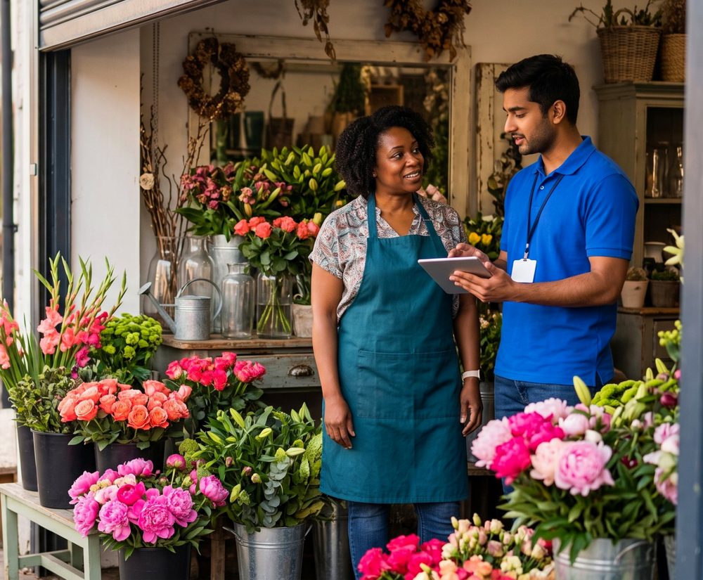An Impact representative showing an offer on a tablet to a florist outside her shop.