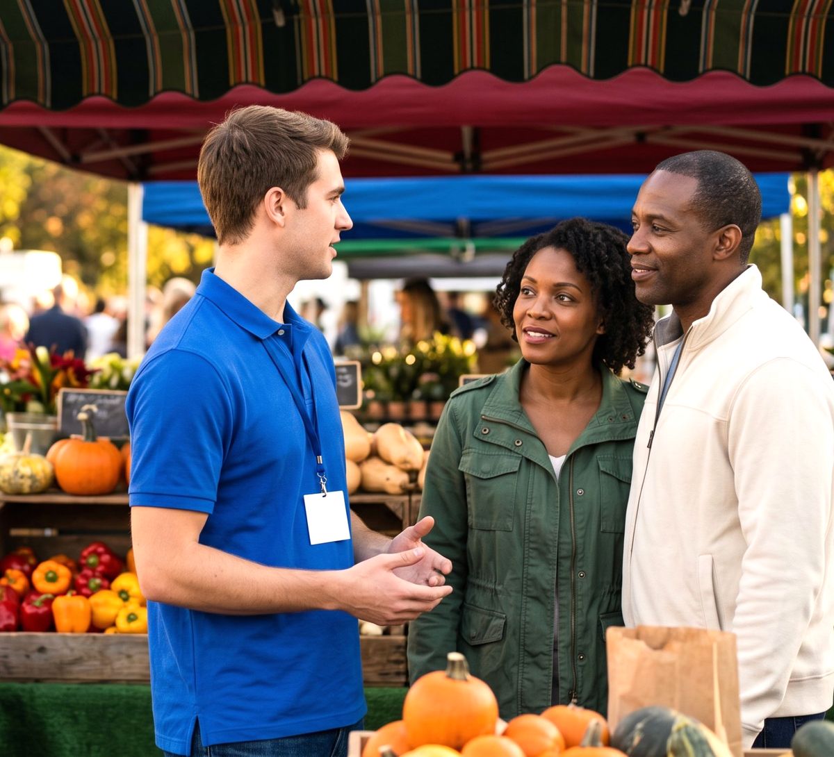 An Impact fundraiser in a green overshirt talking with a mother, her teenage son and their dog at a farmers market.