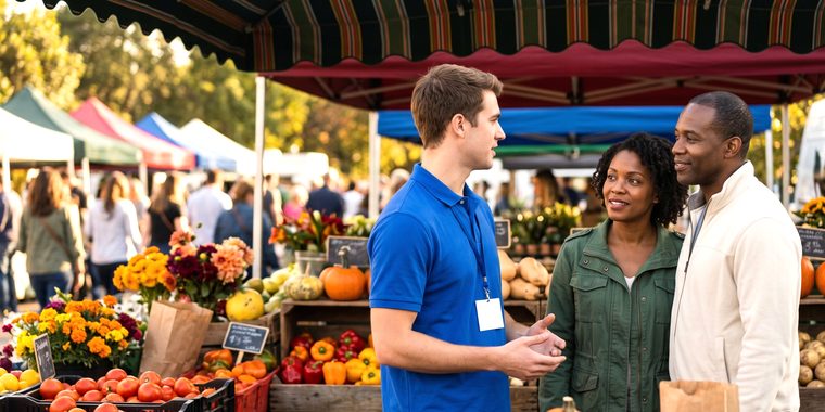 An Impact representative talking with a couple at a farmers market.