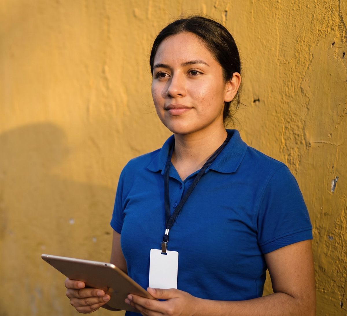 A smiling Impact representative, photo ID on her lanyard, holding a pen and clipboard.